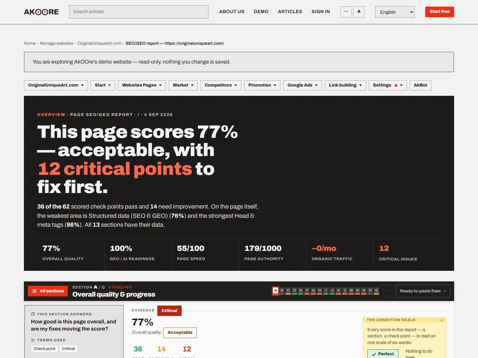 AkOOre.com F.A.Q.: What does the Page SEO/GEO report check on a single page?